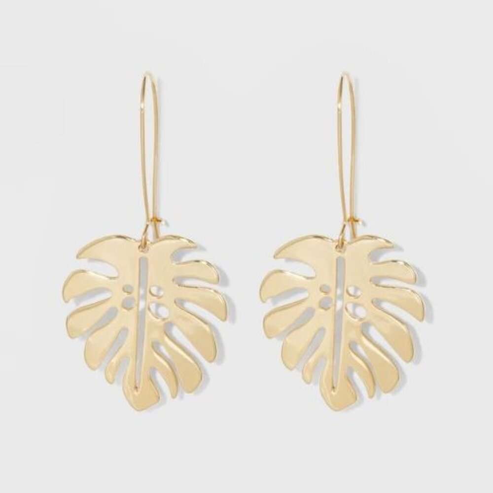 Gold Tone Monstera Leaf Earrings